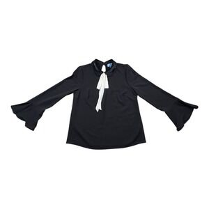 CeCe Black Bell Sleeve Blouse Velvet Collar Bow Tie Women's Size M